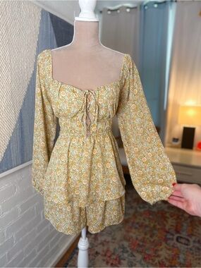 LUSH Green and Orange Floral Lace Up Cut Out Romper